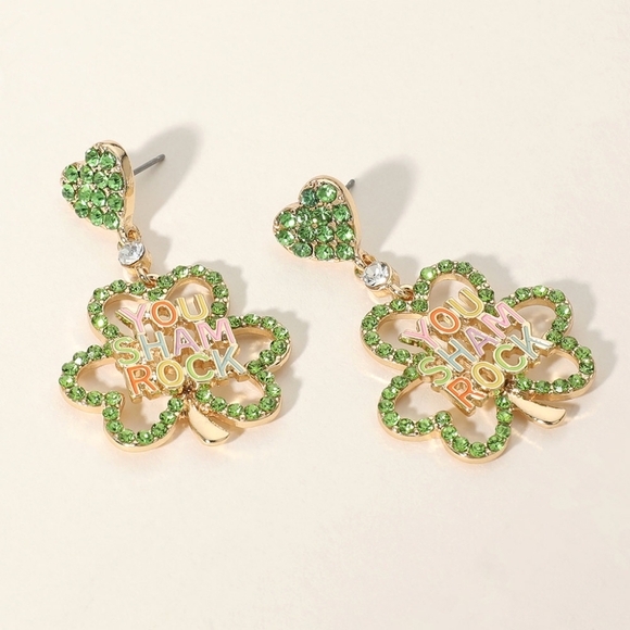 Green Rhinestone "You Sham Rock" Shamrock Drop Dangle Earrings Clover Jewelry - Picture 1 of 3